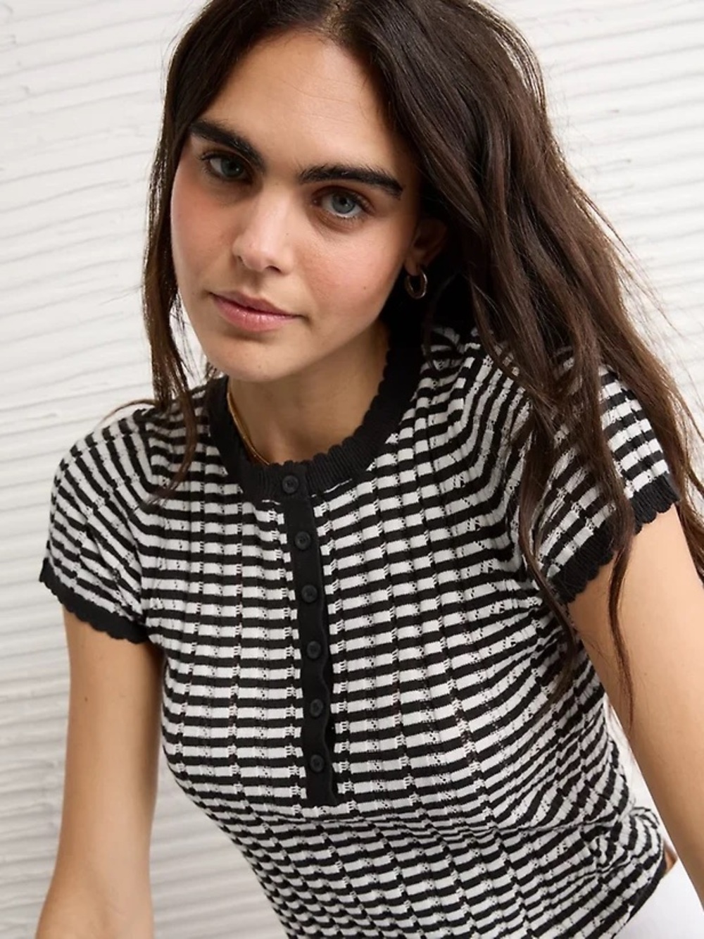 American Eagle Henley Pointelle Sweater T-Shirt
